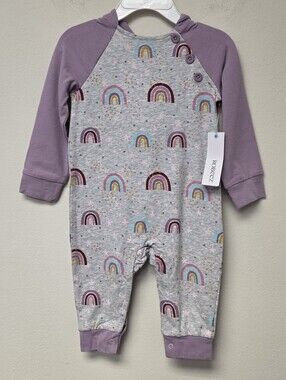 Robeez Rainbow Hooded One Piece Organic Cotton Heather Grey Lavender 12M